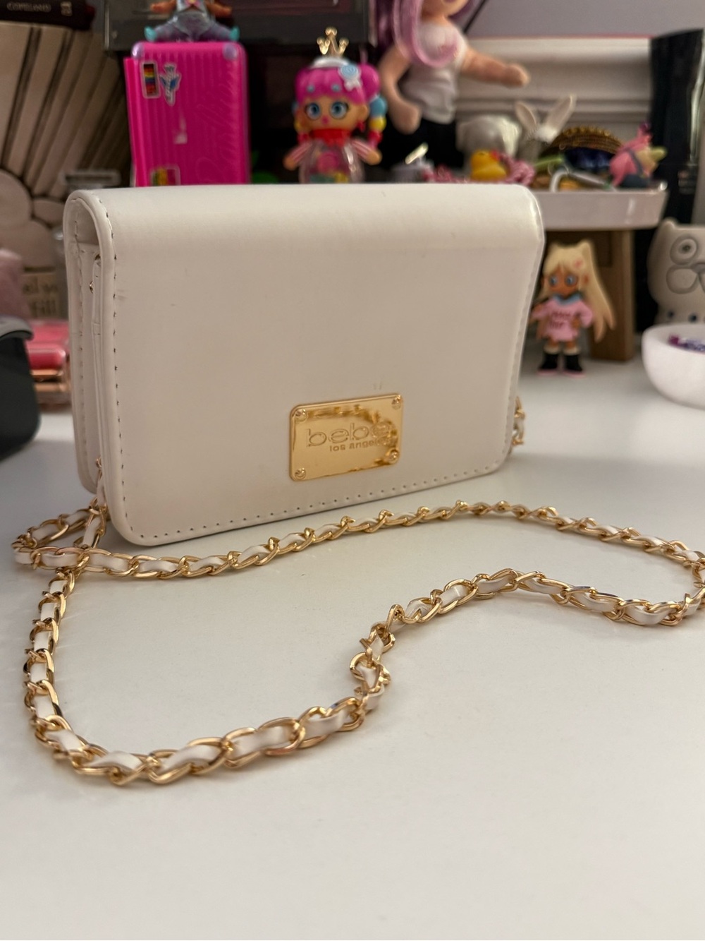 Bebe White Mini Crossbody Bag with Gold Chain